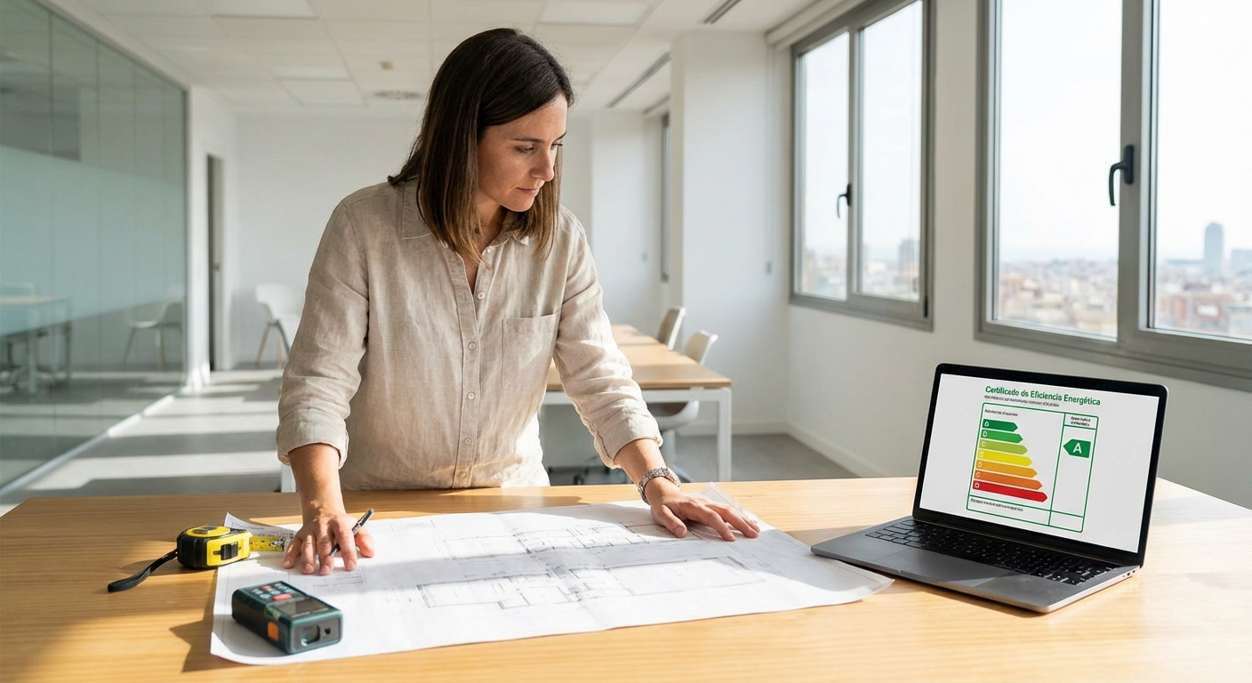 Architect reviewing blueprints on a table with measuring tools and a laptop