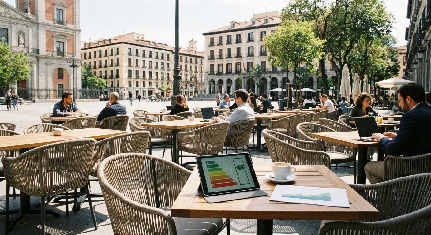 Madrid outdoor cafe terrace with tables and chairs in a sunny plaza