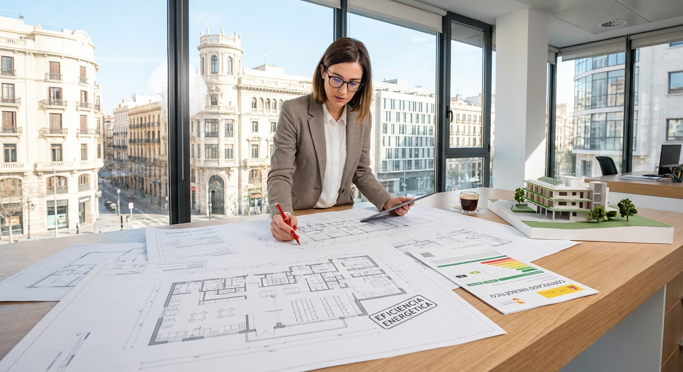Architect reviewing blueprints and technical drawings for a restaurant layout on a desk