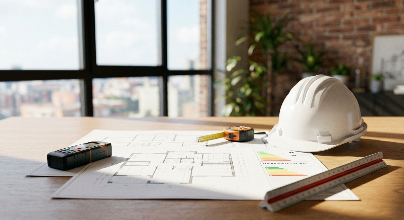 architect blueprints on table with measuring tools and a hard hat